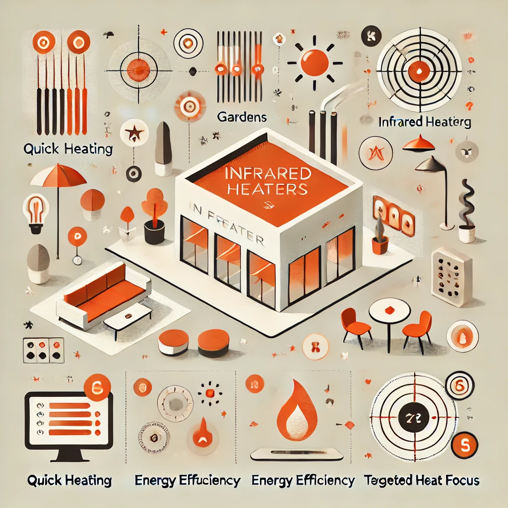 Açık Alanlarda Verimli Isıtma Çözümleri 1 DALL·E 2024 12 24 13.52.43 A clean and modern infographic style illustration showcasing the benefits of infrared heaters in outdoor and office spaces. The illustration includes
